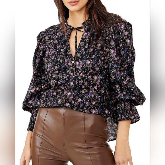 Free People Tops - NWT FREE PEOPLE | Floral Tie Neck Blouse
